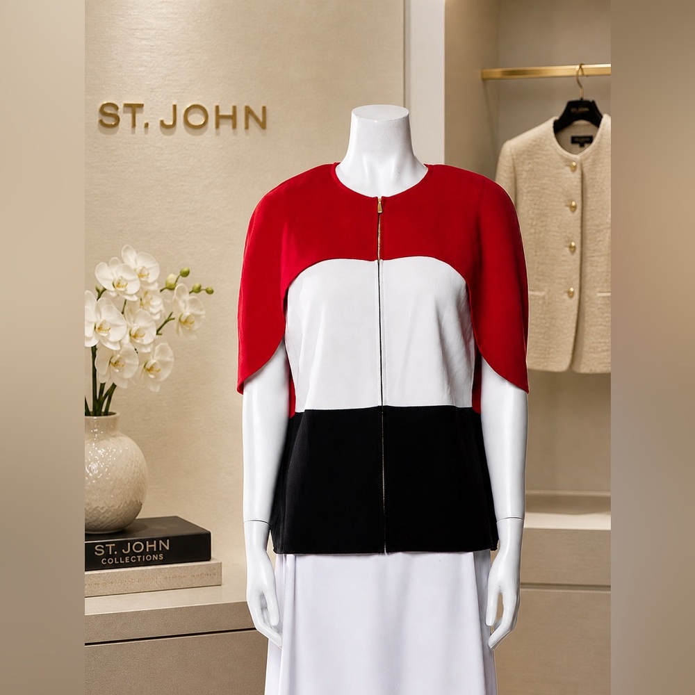 ST JOHN KNIT RED WHITE BLACK  KNIT Colorblock Cape Jacket - Size P (Small) - Picture 2 of 14